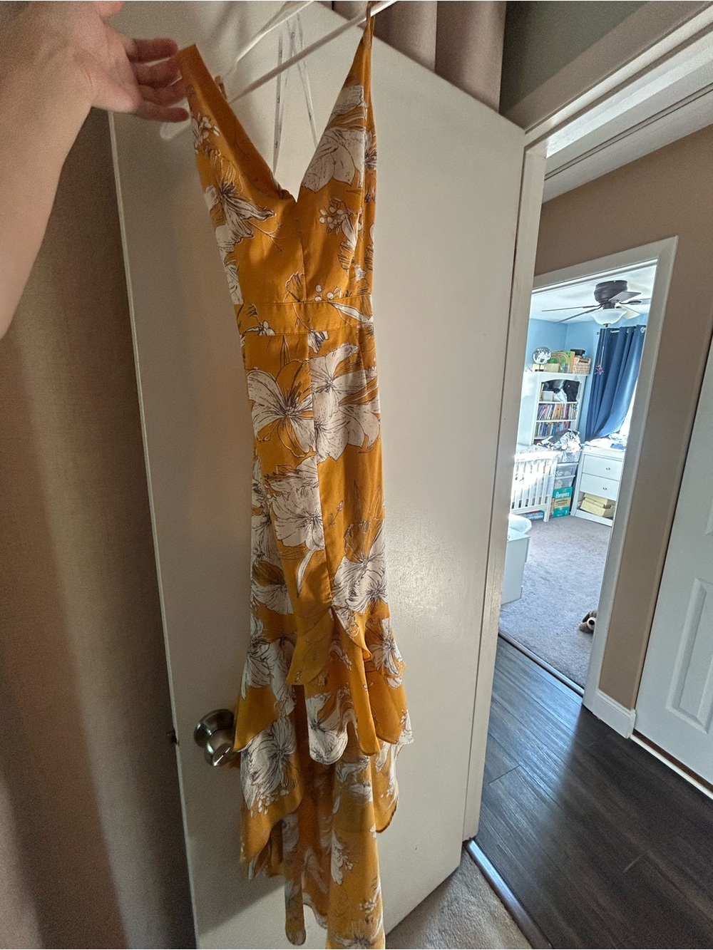 Lulu’s Mustard Floral V-Neck Ruffle High-Low Maxi Dress